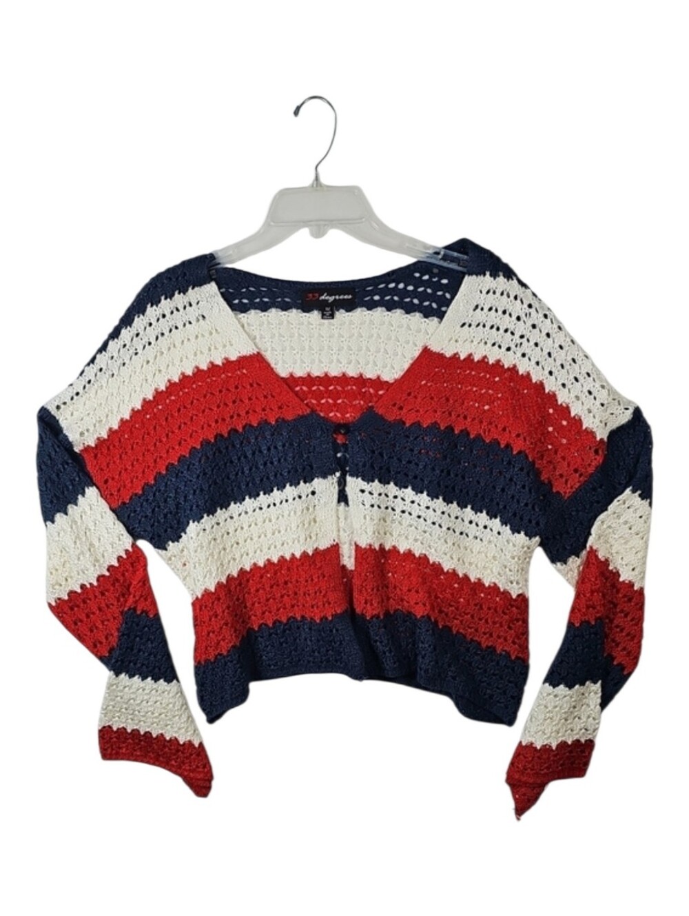 33 Degrees Americana Patriotic Open Stitch Crochet Long‎ Bell Sleeve Cardigan XL